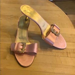 St John pink satin kitten heel slides. Size 8.5